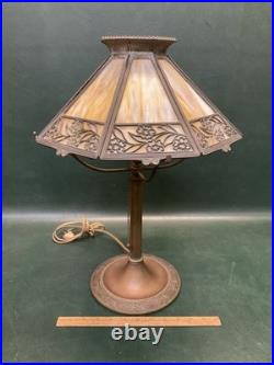 Antique Bradley & Hubbard B&H Arts & Crafts Bronze Slag Glass 8 Panel Table Lamp