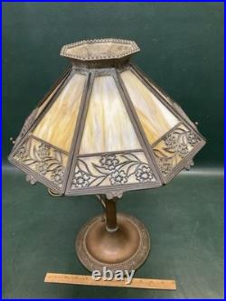 Antique Bradley & Hubbard B&H Arts & Crafts Bronze Slag Glass 8 Panel Table Lamp