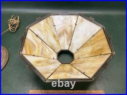 Antique Bradley & Hubbard B&H Arts & Crafts Bronze Slag Glass 8 Panel Table Lamp
