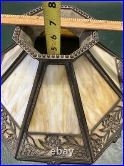 Antique Bradley & Hubbard B&H Arts & Crafts Bronze Slag Glass 8 Panel Table Lamp