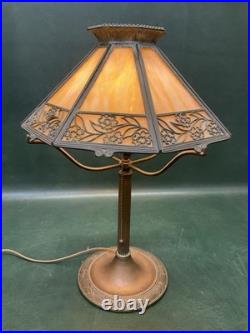 Antique Bradley & Hubbard B&H Arts & Crafts Bronze Slag Glass 8 Panel Table Lamp