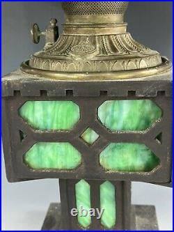 Antique Bradley & Hubbard Green Slag Glass & Cast Iron Mission Style Lamp