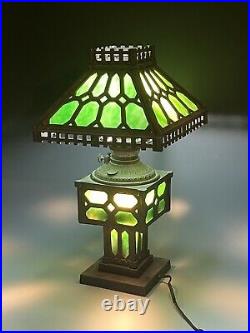 Antique Bradley & Hubbard Green Slag Glass & Cast Iron Mission Style Lamp