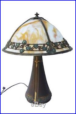 Antique Bradley & Hubbard Heavy Table Lamp 4-Panel Slag Glass Shade Signed VGC