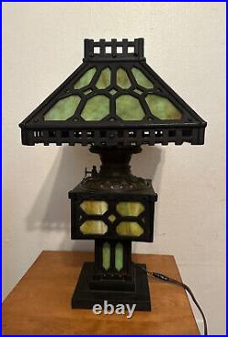 Antique Bradley & Hubbard (Miller) Green Slag Glass & Cast Iron Table Lamp, 20