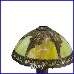 Antique Bradley & Hubbard School 6-Panel Slag Glass Lamp With Floral Motif c1920