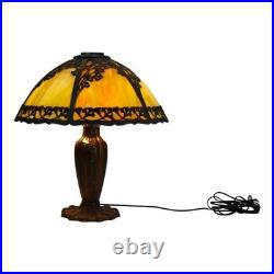 Antique Bradley & Hubbard School 6-Panel Slag Glass Lamp With Floral Motif c1920