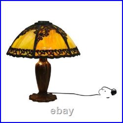 Antique Bradley & Hubbard School 6-Panel Slag Glass Lamp With Floral Motif c1920