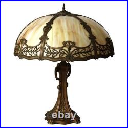 Antique Bradley & Hubbard School Arts & Crafts 6-Panel Slag Glass Lamp C1920