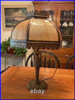 Antique Bradley & Hubbard School Arts & Crafts Bent Panel Slag Glass Lamp