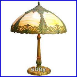 Antique Bradley & Hubbard School Arts & Crafts Polychromed Slag Glass Table Lamp