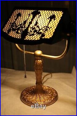 Antique Bradley & Hubbard Slag Glass Desk Banker Piano Lamp Filligree