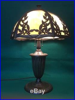 Antique Bradley & Hubbard Table Lamp with 6-Panel Slag Glass Shade