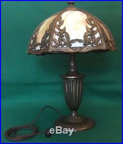 Antique Bradley & Hubbard Table Lamp with 6-Panel Slag Glass Shade
