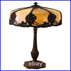 Antique Bradley & Hubbard attr Arts & Crafts 8 Panel Slag Glass Table Lamp c1920