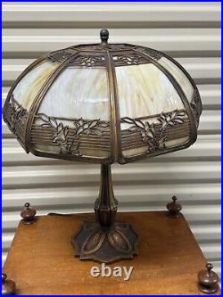 Antique Bradley and Hubbard Art Nouveau Slag Glass Bent Panel Lamp
