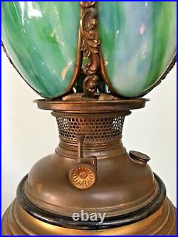 Antique Bradley and Hubbard B&H Oil Lamp with Green Bent Slag Glass Tulip Shade