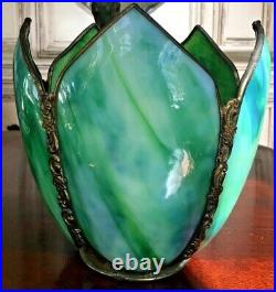 Antique Bradley and Hubbard B&H Oil Lamp with Green Bent Slag Glass Tulip Shade