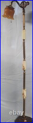 Antique Brass & Akro Agate Slag Glass Bridge Floor Lamp Light Amber Glass Shade