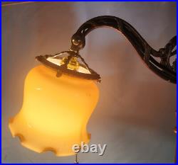 Antique Brass & Akro Agate Slag Glass Bridge Floor Lamp Light Amber Glass Shade