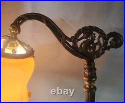 Antique Brass & Akro Agate Slag Glass Bridge Floor Lamp Light Amber Glass Shade