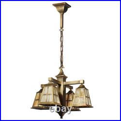 Antique Brass Arts & Crafts Chandelier with Slag Glass, NC5108