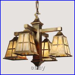 Antique Brass Arts & Crafts Chandelier with Slag Glass, NC5108