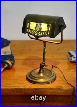 Antique Brass Bankers lamp Slag Glass Shade Desk Light Vintage Art Nouveau Deco