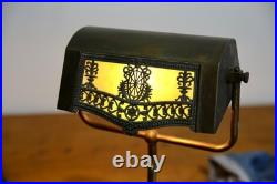 Antique Brass Bankers lamp Slag Glass Shade Desk Light Vintage Art Nouveau Deco