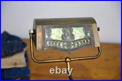 Antique Brass Bankers lamp Slag Glass Shade Desk Light Vintage Art Nouveau Deco