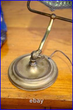 Antique Brass Bankers lamp Slag Glass Shade Desk Light Vintage Art Nouveau Deco