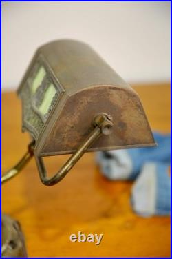 Antique Brass Bankers lamp Slag Glass Shade Desk Light Vintage Art Nouveau Deco
