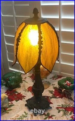 Antique Brass Boudoir Table Lamp, Amber Slag Glass Tulip Shade. 19.5Tall Antique Brass Boudoir Table Lamp, Amber Slag Glass Tulip Shade. 19.5Tall