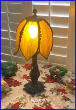 Antique Brass Boudoir Table Lamp, Amber Slag Glass Tulip Shade. 19.5Tall Antique Brass Boudoir Table Lamp, Amber Slag Glass Tulip Shade. 19.5Tall