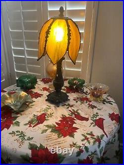 Antique Brass Boudoir Table Lamp, Amber Slag Glass Tulip Shade. 19.5Tall Antique Brass Boudoir Table Lamp, Amber Slag Glass Tulip Shade. 19.5Tall