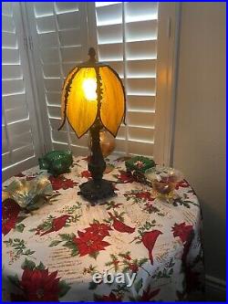 Antique Brass Boudoir Table Lamp, Amber Slag Glass Tulip Shade. 19.5Tall Antique Brass Boudoir Table Lamp, Amber Slag Glass Tulip Shade. 19.5Tall