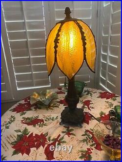 Antique Brass Boudoir Table Lamp, Amber Slag Glass Tulip Shade. 19.5Tall Antique Brass Boudoir Table Lamp, Amber Slag Glass Tulip Shade. 19.5Tall