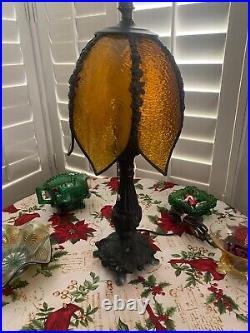 Antique Brass Boudoir Table Lamp, Amber Slag Glass Tulip Shade. 19.5Tall Antique Brass Boudoir Table Lamp, Amber Slag Glass Tulip Shade. 19.5Tall