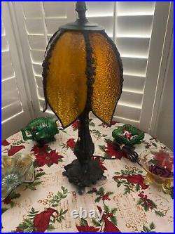 Antique Brass Boudoir Table Lamp, Amber Slag Glass Tulip Shade. 19.5Tall Antique Brass Boudoir Table Lamp, Amber Slag Glass Tulip Shade. 19.5Tall