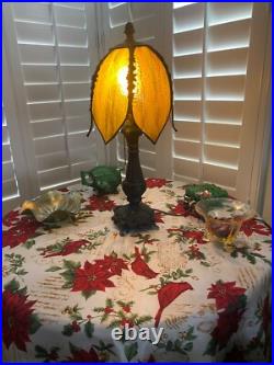 Antique Brass Boudoir Table Lamp, Amber Slag Glass Tulip Shade. 19.5Tall Antique Brass Boudoir Table Lamp, Amber Slag Glass Tulip Shade. 19.5Tall