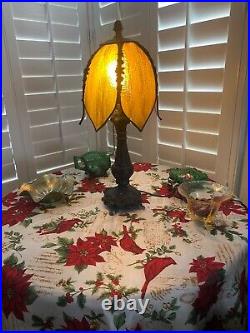 Antique Brass Boudoir Table Lamp, Amber Slag Glass Tulip Shade. 19.5Tall Antique Brass Boudoir Table Lamp, Amber Slag Glass Tulip Shade. 19.5Tall