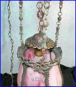Antique Brass Pink/Purple Slag Glass Electric Hanging Swag Lamp