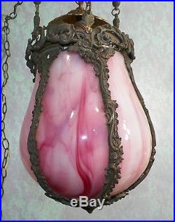 Antique Brass Pink/Purple Slag Glass Electric Hanging Swag Lamp