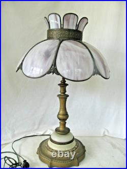 Antique Brass Slag Bent Glass Table Lamp 2-Light Tulip Shade Art Nouveau
