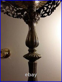 Antique Brass blue glass Table lamp, 29 tall, Slag Pebble Glass