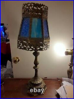 Antique Brass blue glass Table lamp, 29 tall, Slag Pebble Glass