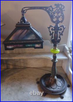 Antique Bridge Arm Lamp Arts & Crafts Mission Style Watermelon Slag Glass Shade