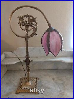 Antique Bridge Arm Lamp Basket Fruit Birds Adjust Purple Slag Glass Tulip Shade