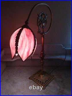Antique Bridge Arm Lamp Basket Fruit Birds Adjust Purple Slag Glass Tulip Shade