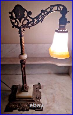 Antique Bridge Arm Marble Base Slag Ball Accent Table Lamp Art Glass Shade